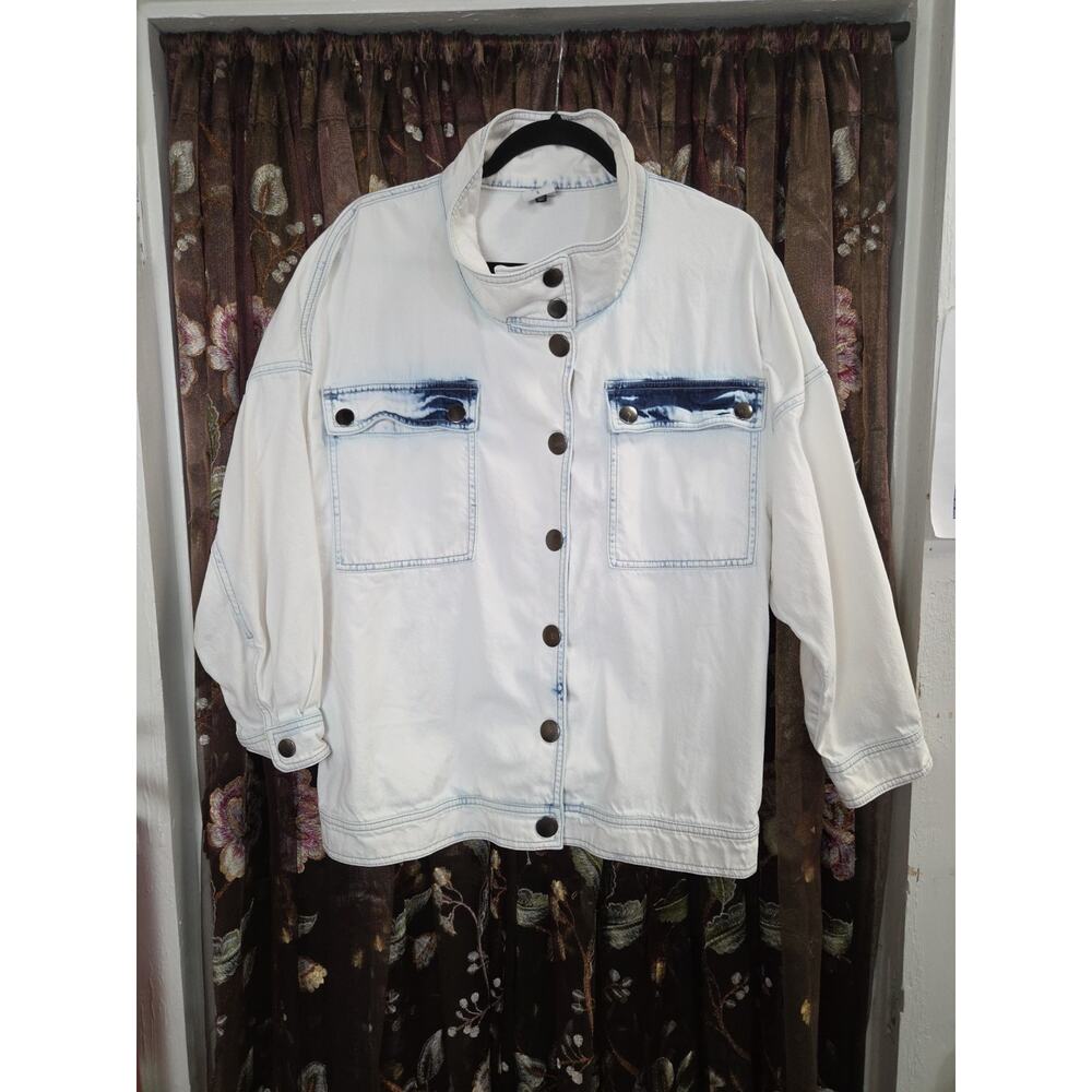 Cabi Drew Oversized Acid Washed High Nexk Denim Jacket Small